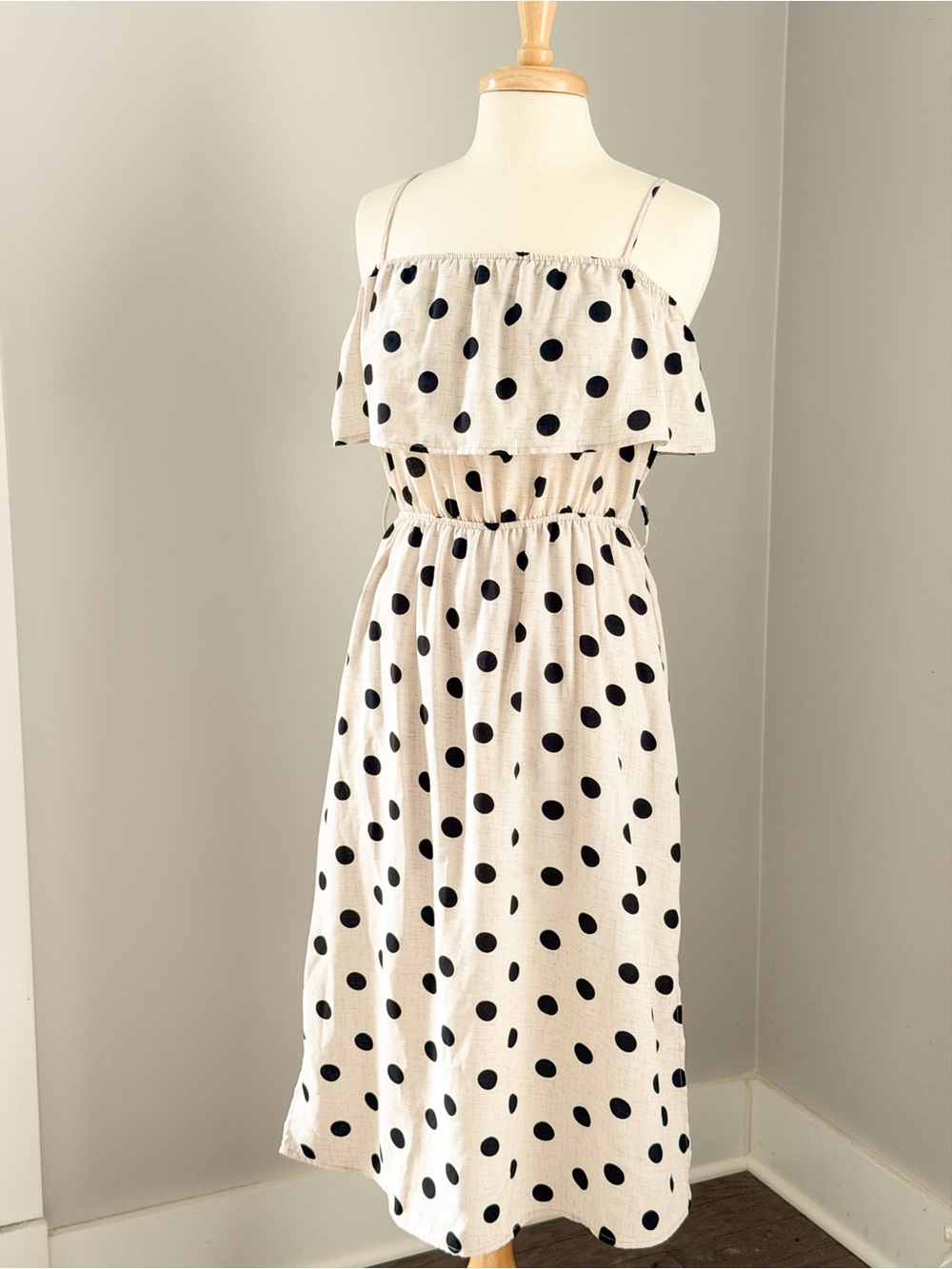 Polka Dot Midi Dress Small Cream Black  Ruffle Sundress